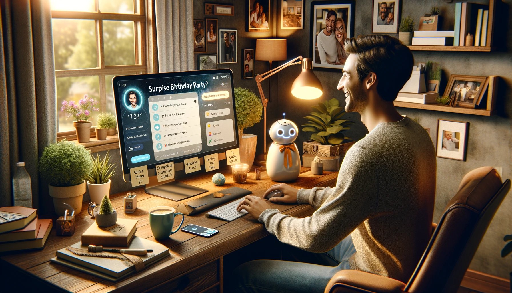 DALL·E 2024-03-15 16.45.35 - Create a photorealistic scene in a cozy, well-lit home office. In the foreground, a young man is sitting at his desk, smiling as he interacts with an