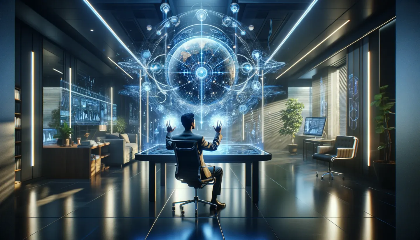 DALL·E 2024-03-22 15.27.15 - In an ultramodern office illuminated by ambient, futuristic lighting, a young Indian American entrepreneur is portrayed in a moment of intense focus,